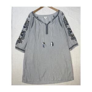J. Jill Embroidered Pinstripe Tunic Dress sz L Coastal Coverup Vacation Bohemian